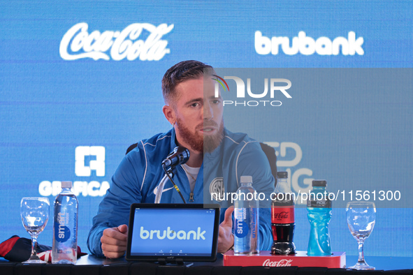 In Buenos Aires, Argentina, on September 9, 2024, Spanish footballer Iker Muniain speaks at a press conference after practicing with the San...