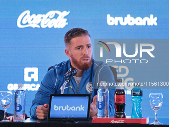 In Buenos Aires, Argentina, on September 9, 2024, Spanish footballer Iker Muniain speaks at a press conference after practicing with the San...