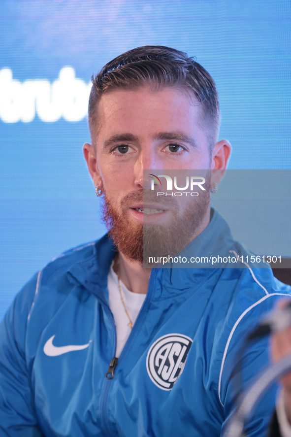 In Buenos Aires, Argentina, on September 9, 2024, Spanish footballer Iker Muniain speaks at a press conference after practicing with the San...