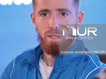 In Buenos Aires, Argentina, on September 9, 2024, Spanish footballer Iker Muniain speaks at a press conference after practicing with the San...