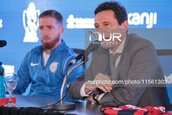 In Buenos Aires, Argentina, on September 9, 2024, Spanish footballer Iker Muniain speaks at a press conference after practicing with the San...