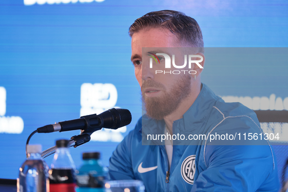 In Buenos Aires, Argentina, on September 9, 2024, Spanish footballer Iker Muniain speaks at a press conference after practicing with the San...