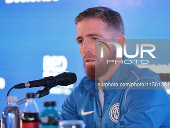 In Buenos Aires, Argentina, on September 9, 2024, Spanish footballer Iker Muniain speaks at a press conference after practicing with the San...