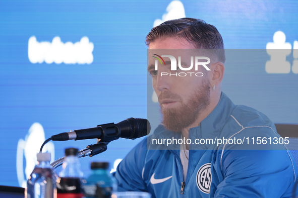 In Buenos Aires, Argentina, on September 9, 2024, Spanish footballer Iker Muniain speaks at a press conference after practicing with the San...