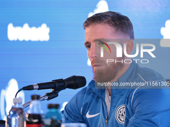 In Buenos Aires, Argentina, on September 9, 2024, Spanish footballer Iker Muniain speaks at a press conference after practicing with the San...