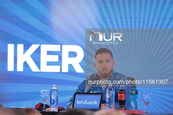 In Buenos Aires, Argentina, on September 9, 2024, Spanish footballer Iker Muniain speaks at a press conference after practicing with the San...