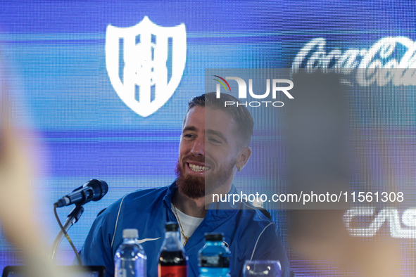 Iker Muniain gestures as he is unveiled at Estadio Pedro Bidegain in Buenos Aires, Argentina, on September 9, 2024. 