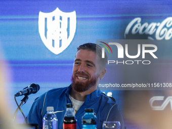 Iker Muniain gestures as he is unveiled at Estadio Pedro Bidegain in Buenos Aires, Argentina, on September 9, 2024. (