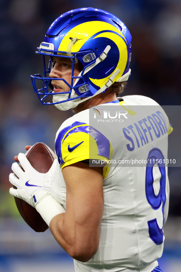 DETROIT,MICHIGAN-SEPTEMBER 9: Quarterback Matthew Stafford (9) of the Los Angeles Rams prepares to throw the ball ahead of a game between th...