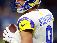 DETROIT,MICHIGAN-SEPTEMBER 9: Quarterback Matthew Stafford (9) of the Los Angeles Rams prepares to throw the ball ahead of a game between th...