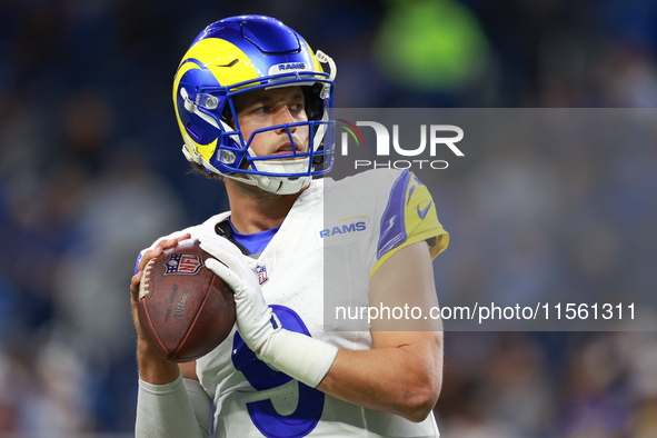 DETROIT,MICHIGAN-SEPTEMBER 8:  Quarterback Matthew Stafford (9) of the Los Angeles Rams looks to pass the ball during warmups ahead of a gam...