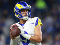 DETROIT,MICHIGAN-SEPTEMBER 8:  Quarterback Matthew Stafford (9) of the Los Angeles Rams looks to pass the ball during warmups ahead of a gam...