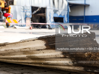 Burned warehouse in southern Krakow is seen as it burned in the night on September 7, 2024 in Krakow, Poland. This is another incident in a...