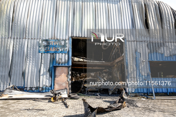 Burned warehouse in southern Krakow is seen as it burned in the night on September 7, 2024 in Krakow, Poland. This is another incident in a...