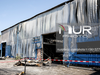 Burned warehouse in southern Krakow is seen as it burned in the night on September 7, 2024 in Krakow, Poland. This is another incident in a...