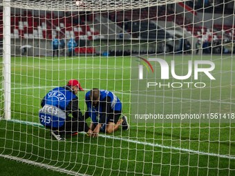 Pitch maintenance takes place prior to the UEFA Nations League 2024/25 League A Group A2 match between Israel and Italy at Bozsik Arena Stad...