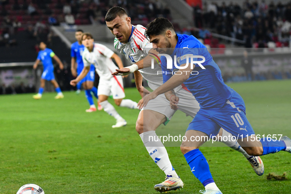 Manor Solomon and Alessandro Buongiorno are in action during Israel vs. Italy: matchday 2 of UEFA Nations League 2024-2025, at Bozsik Arena...