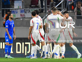 Players of Italy's national team celebrate after scoring during the Israel vs Italy match on matchday 2 of the UEFA Nations League 2024-2025...