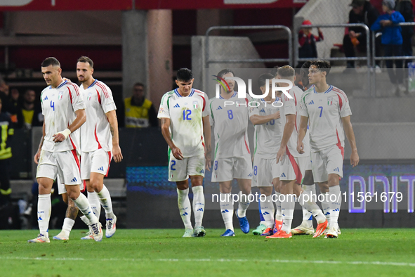 Players of Italy's national team celebrate after scoring during the Israel vs Italy match on matchday 2 of the UEFA Nations League 2024-2025...