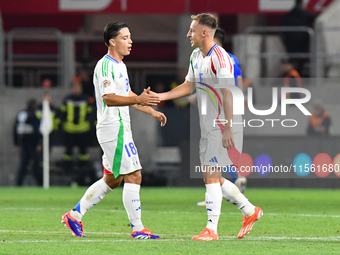 Giacomo Raspadori and Davide Frattesi celebrate after scoring during Israel vs Italy: matchday 2 of UEFA Nations League 2024-2025, in Budape...