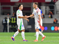 Giacomo Raspadori and Davide Frattesi celebrate after scoring during Israel vs Italy: matchday 2 of UEFA Nations League 2024-2025, in Budape...