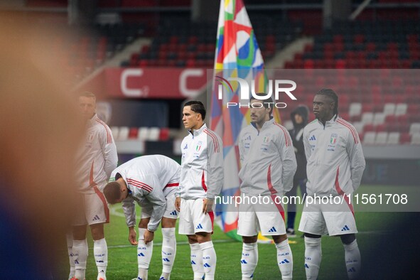 Players of Italy line up prior to the UEFA Nations League 2024/25 League A Group A2 match between Israel and Italy at Bozsik Arena Stadium i...