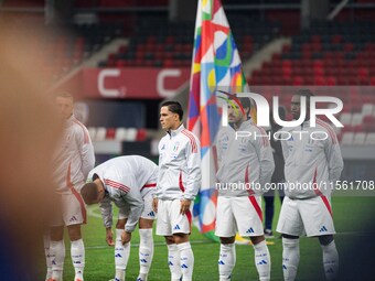 Players of Italy line up prior to the UEFA Nations League 2024/25 League A Group A2 match between Israel and Italy at Bozsik Arena Stadium i...