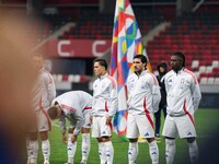 Players of Italy line up prior to the UEFA Nations League 2024/25 League A Group A2 match between Israel and Italy at Bozsik Arena Stadium i...