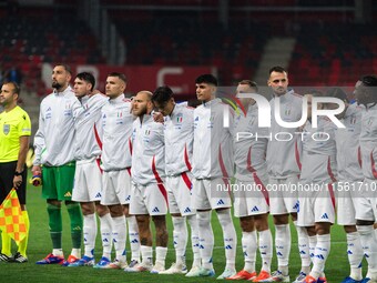 Players of Italy line up prior to the UEFA Nations League 2024/25 League A Group A2 match between Israel and Italy at Bozsik Arena Stadium i...