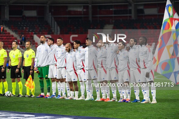 Players of Italy line up prior to the UEFA Nations League 2024/25 League A Group A2 match between Israel and Italy at Bozsik Arena Stadium i...