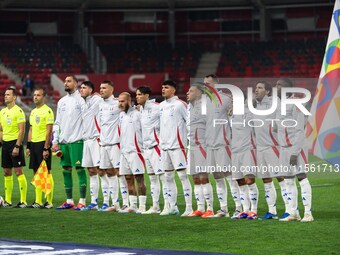 Players of Italy line up prior to the UEFA Nations League 2024/25 League A Group A2 match between Israel and Italy at Bozsik Arena Stadium i...