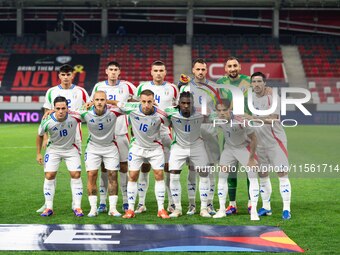 Players of Italy line up prior to the UEFA Nations League 2024/25 League A Group A2 match between Israel and Italy at Bozsik Arena Stadium i...