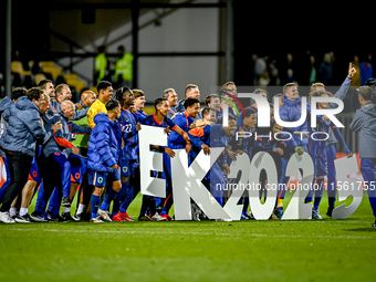 Players of the Netherlands celebrate the win and qualification for the EK 2025 during the match between the Netherlands and Georgia at the C...