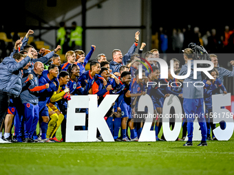 Players of the Netherlands celebrate the win and qualification for the EK 2025 during the match between the Netherlands and Georgia at the C...