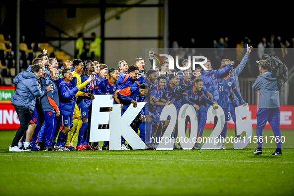 Players of the Netherlands celebrate the win and qualification for the EK 2025 during the match between the Netherlands and Georgia at the C...