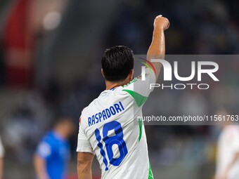 Giacomo Raspadori of Italy is in action during the UEFA Nations League 2024/25 League A Group A2 match between Israel and Italy at Bozsik Ar...