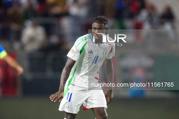 Moise Kean of Italy is in action during the UEFA Nations League 2024/25 League A Group A2 match between Israel and Italy at Bozsik Arena Sta...