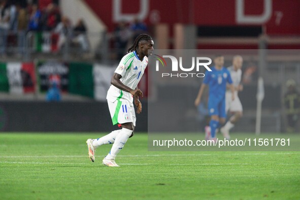 Moise Kean of Italy is in action during the UEFA Nations League 2024/25 League A Group A2 match between Israel and Italy at Bozsik Arena Sta...