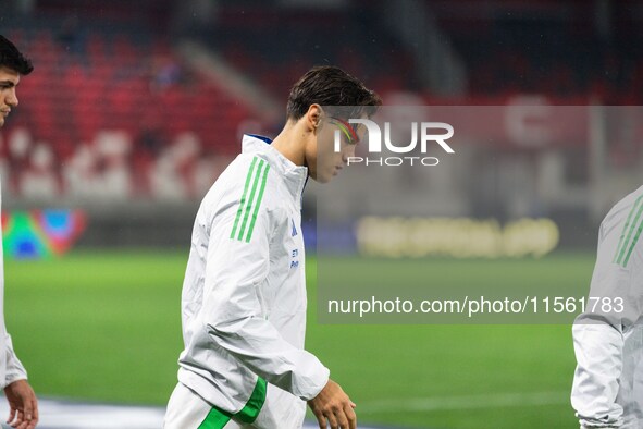 Samuele Ricci of Italy enters the pitch before the UEFA Nations League 2024/25 League A Group A2 match between Israel and Italy at Bozsik Ar...