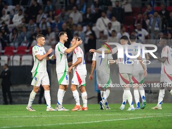 Davide Frattesi celebrates his goal with teammates during the UEFA Nations League 2024/25 League A Group A2 match between Israel and Italy a...