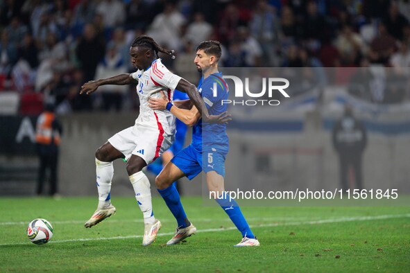 Moise Kean of Italy is in action during the UEFA Nations League 2024/25 League A Group A2 match between Israel and Italy at Bozsik Arena Sta...