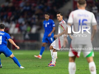 Giacomo Raspadori of Italy is in action during the UEFA Nations League 2024/25 League A Group A2 match between Israel and Italy at Bozsik Ar...