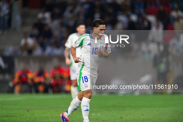 Giacomo Raspadori of Italy is in action during the UEFA Nations League 2024/25 League A Group A2 match between Israel and Italy at Bozsik Ar...