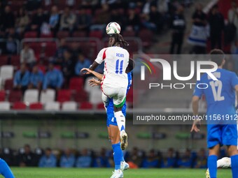 Moise Kean of Italy is in action during the UEFA Nations League 2024/25 League A Group A2 match between Israel and Italy at Bozsik Arena Sta...