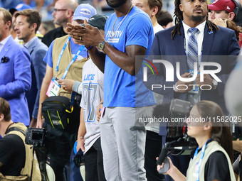 DETROIT,MICHIGAN-SEPTEMBER 8: Former Detroit Lions player and Hall of Fame member Calvin Johnson attends the Detroit home opening NFL  footb...