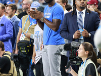 DETROIT,MICHIGAN-SEPTEMBER 8: Former Detroit Lions player and Hall of Fame member Calvin Johnson attends the Detroit home opening NFL  footb...