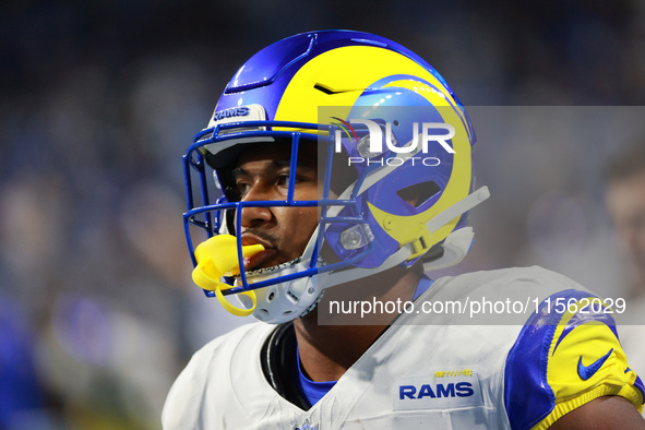 DETROIT,MICHIGAN-SEPTEMBER 8: Los Angeles Rams running back Ronnie Rivers (20) is seen during warmups ahead of a game between the Los Angele...