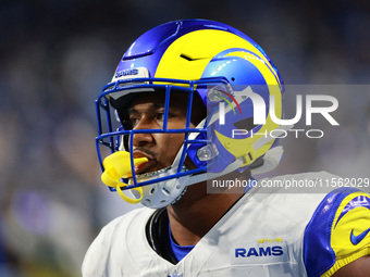 DETROIT,MICHIGAN-SEPTEMBER 8: Los Angeles Rams running back Ronnie Rivers (20) is seen during warmups ahead of a game between the Los Angele...