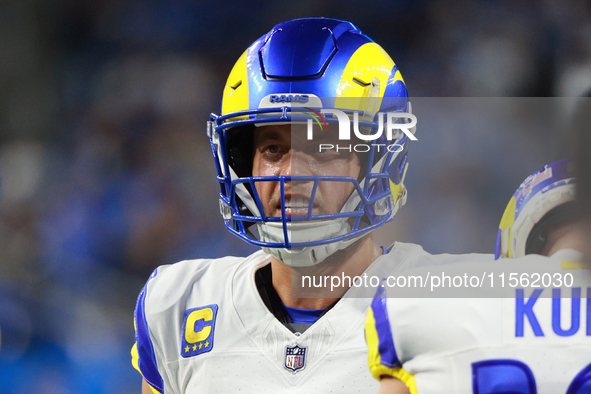 DETROIT,MICHIGAN-SEPTEMBER 8: Los Angeles Rams quarterback Matthew Stafford (9) is seen during warmups ahead of a game between the Los Angel...