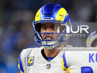 DETROIT,MICHIGAN-SEPTEMBER 8: Los Angeles Rams quarterback Matthew Stafford (9) is seen during warmups ahead of a game between the Los Angel...